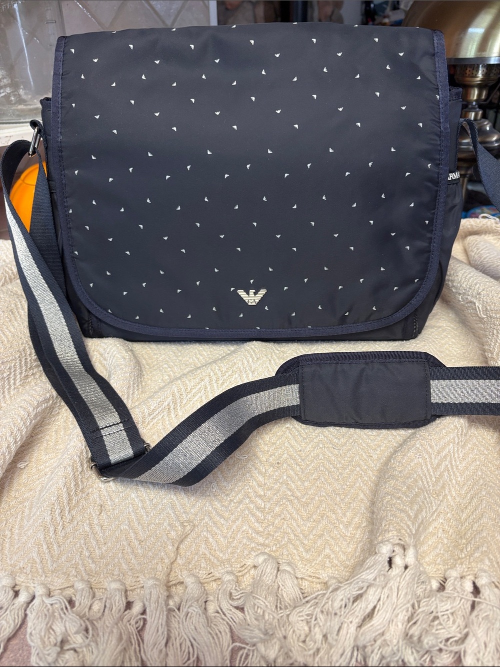 Emporio Armani Navy Black diaper Bag with Silver Logo